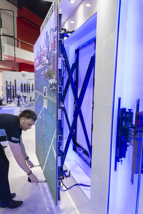 Close-up view of B-Tech display mounting solutions demonstrated on the ISE 2017 exhibition stand.