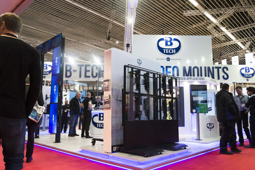 Wide view of the B-Tech AV Mounts exhibition stand and product displays at ISE 2017.