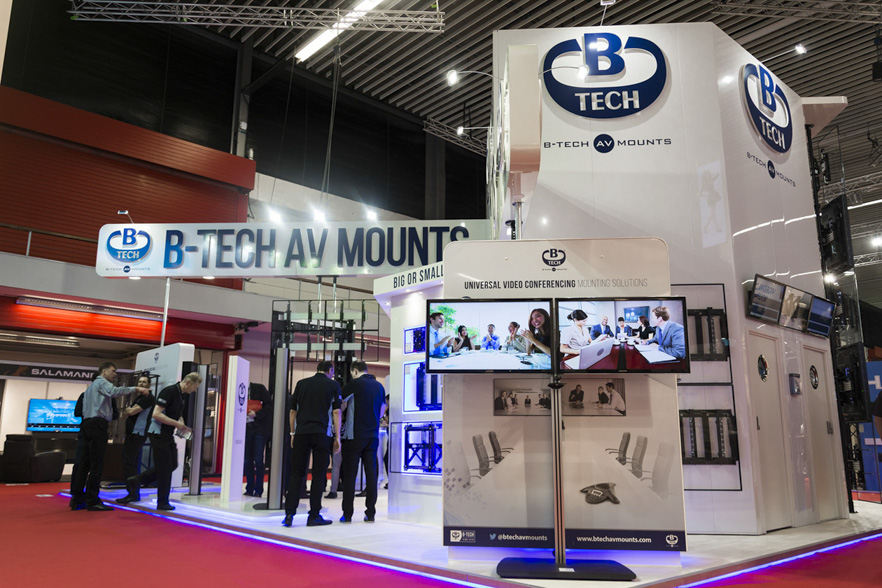 Wide view of the B-Tech exhibition stand showcasing AV mounting products and display solutions at ISE 2017.