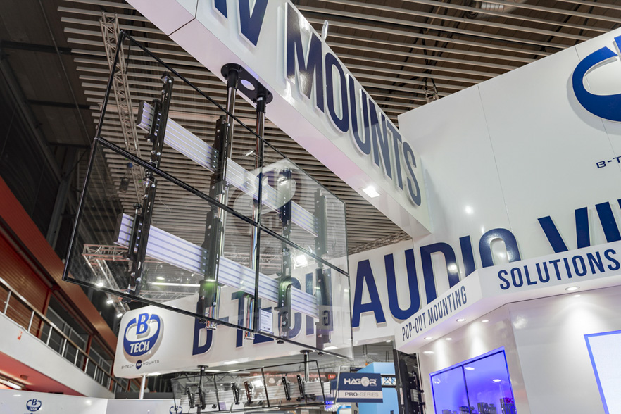 Close-up view of the B-Tech exhibition stand showcasing professional AV mounting solutions at ISE 2017.