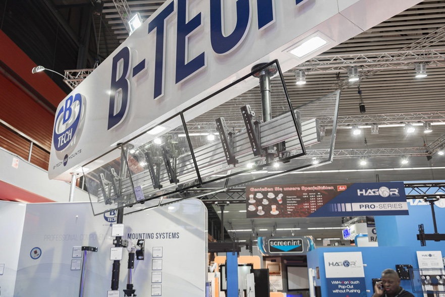 View of the B-Tech AV Mounts branding and exhibition displays inside the ISE 2017 stand.