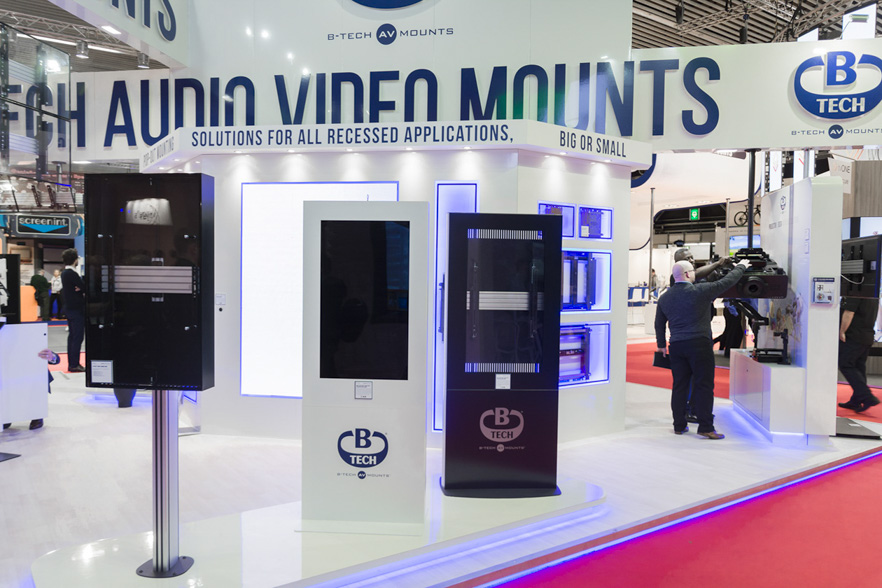 Selection of B-Tech AV mounting products and display solutions presented on the exhibition stand.