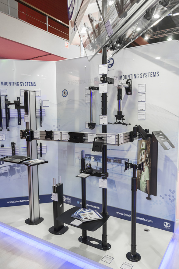 Range of professional display mounting solutions arranged on the B-Tech exhibition stand at ISE.