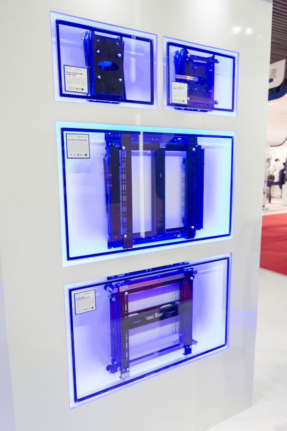 Wall-mounted display solutions arranged as part of the B-Tech product showcase at ISE 2017.