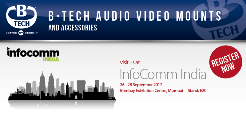 A banner announcing that B-Tech will be showcasing at Infocomm india 2017