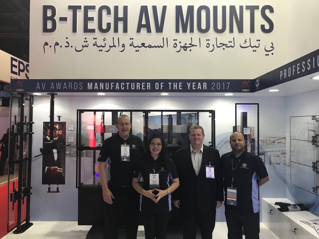 View of the B-Tech AV Mounts stand showcasing a range of mounting solutions and professional display applications in Dubai.