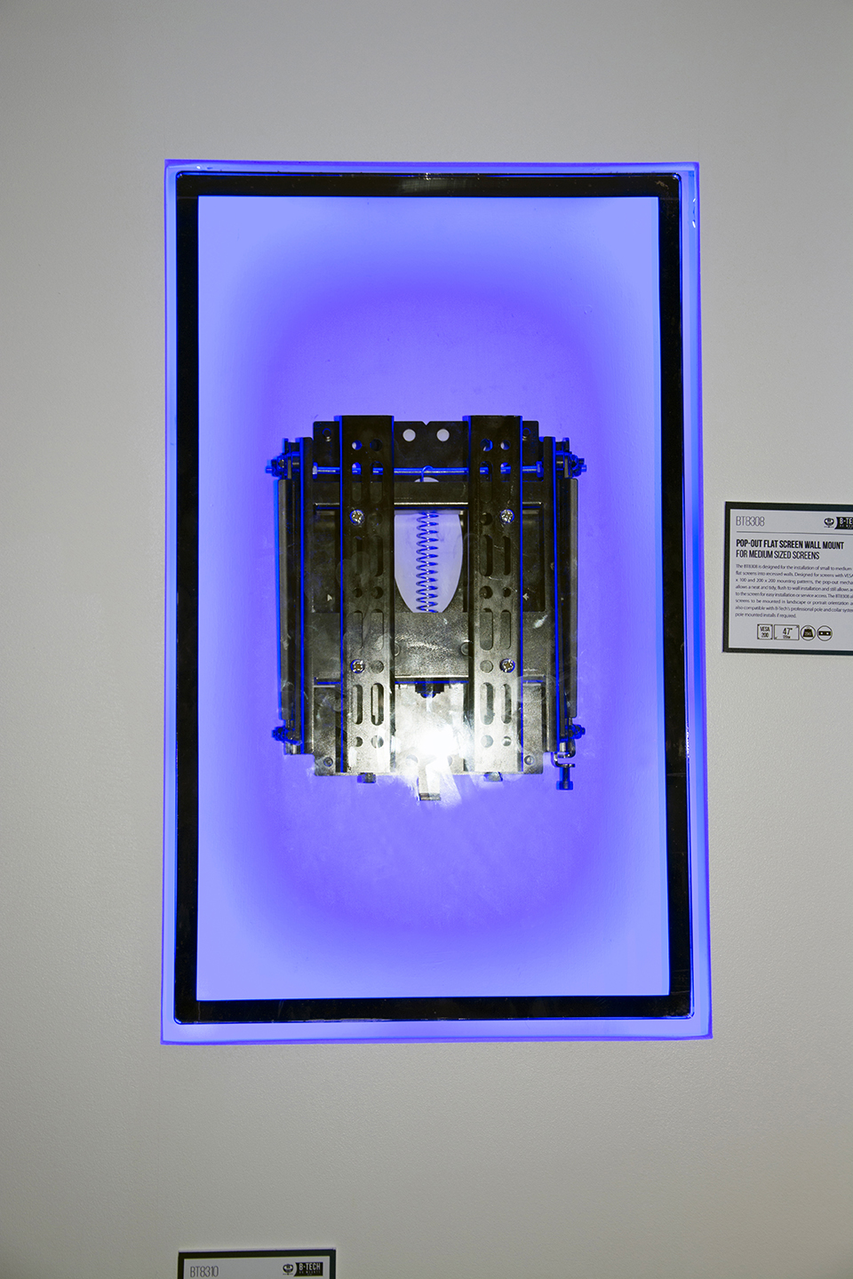 Close-up view of B-Tech mounting hardware and professional AV solutions displayed at ISE.