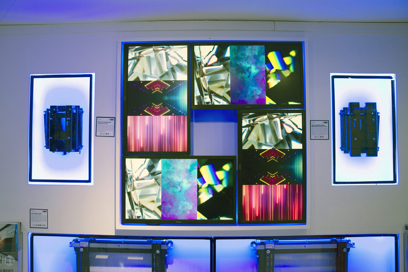 Freestanding and pop-out videowall mounting solutions showcased on the B-Tech exhibition stand.
