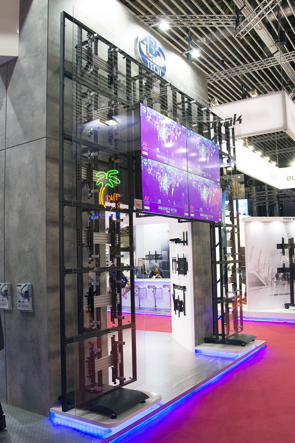 B-Tech digital signage displays and mounting solutions arranged throughout the ISE 2018 stand.
