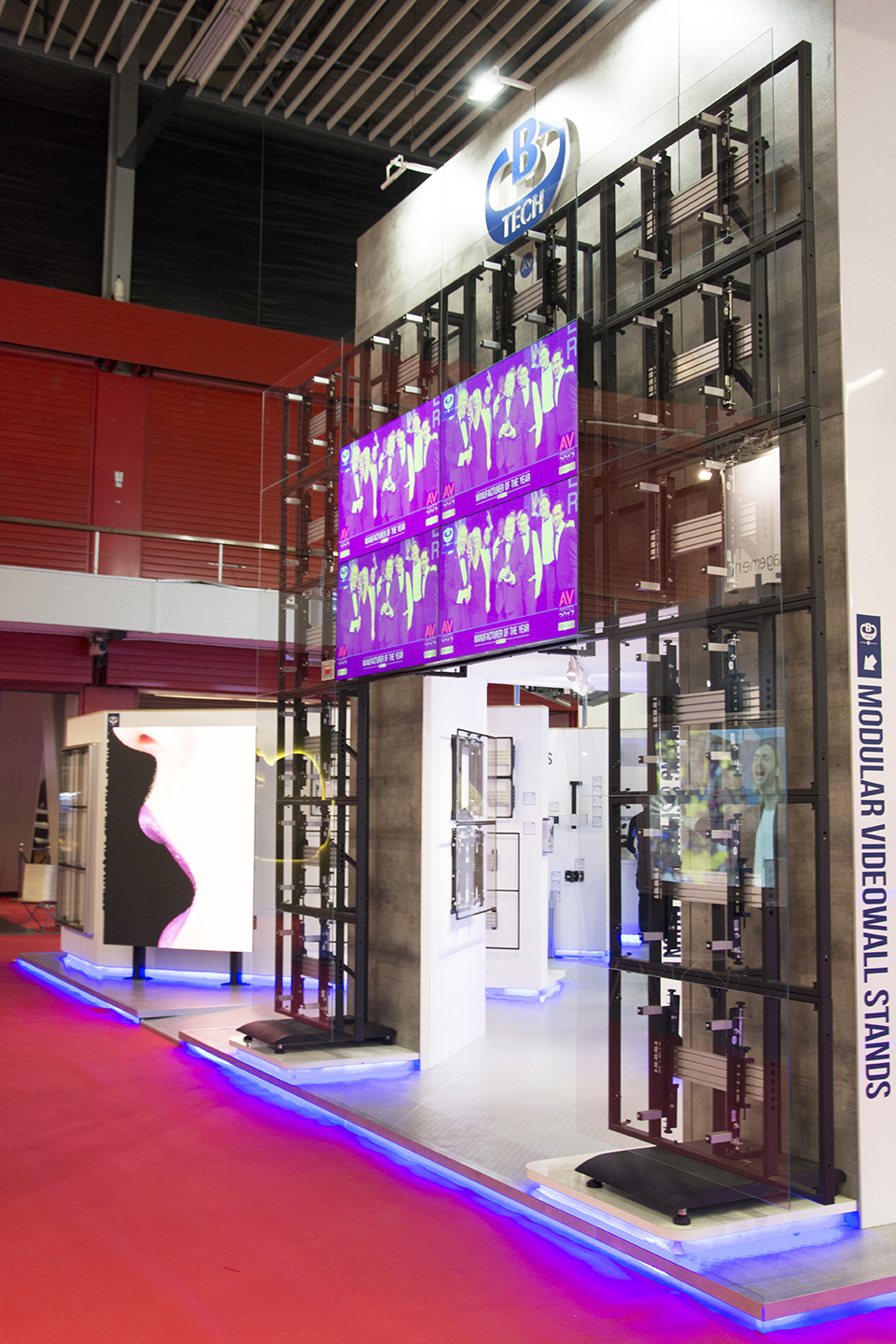 Overview of the B-Tech AV Mounts stand showcasing video walls, displays and mounting structures.