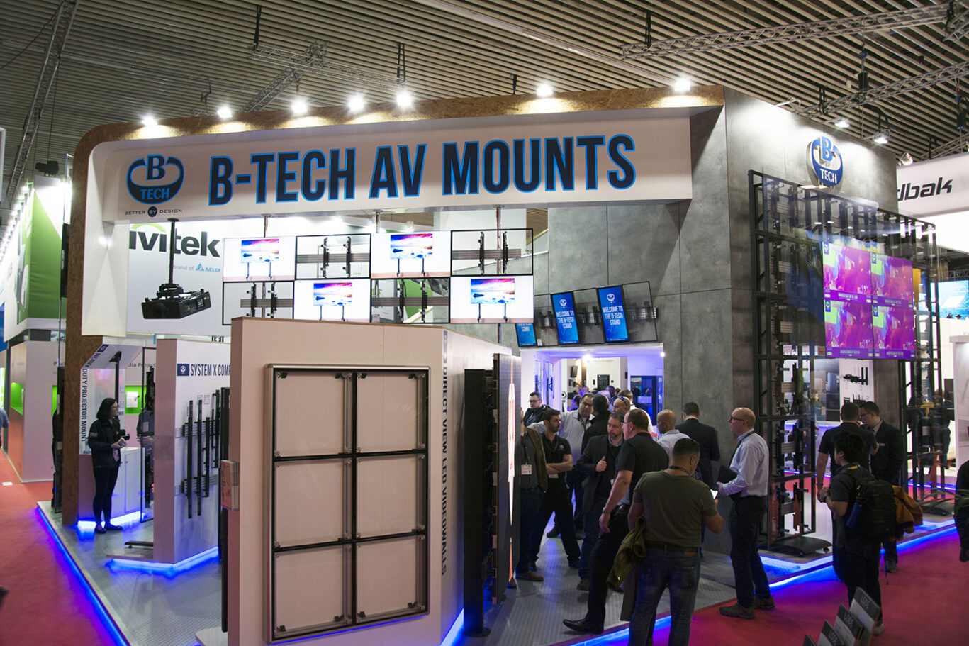 Close-up view of B-Tech AV mounting products and display structures at the ISE exhibition.