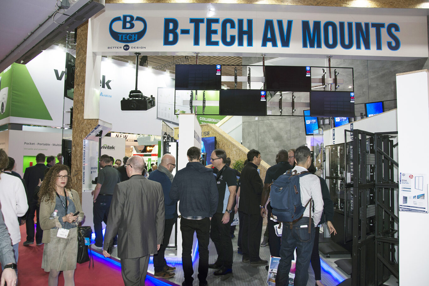 Digital signage and display mounting solutions demonstrated on the B-Tech ISE 2018 stand.