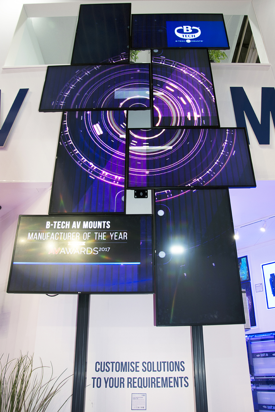 Selection of B-Tech AV mounting hardware and installation components on display at ISE 2018.