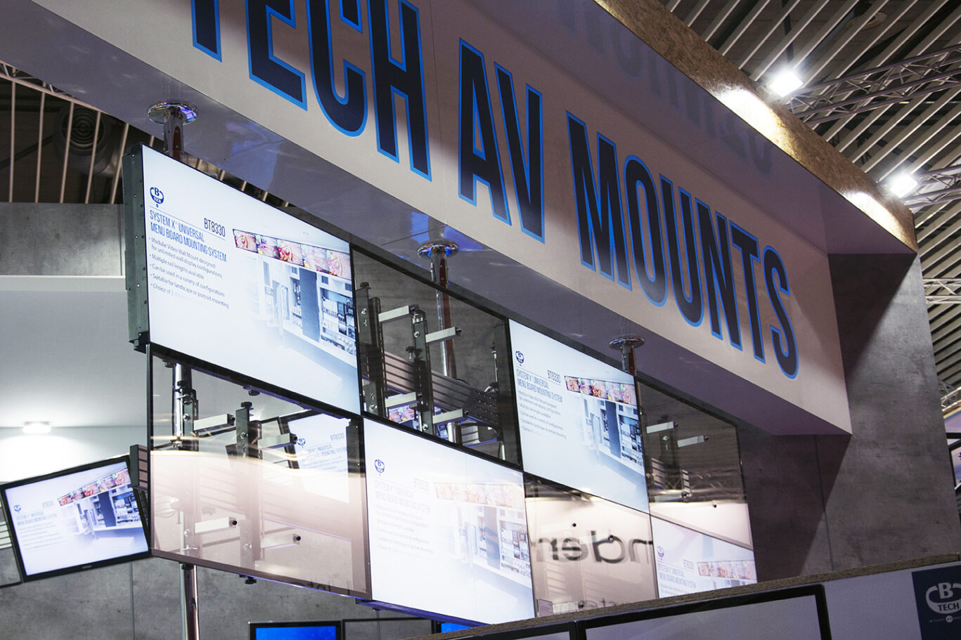 B-Tech professional AV mounting products arranged on display at the ISE 2018 exhibition.