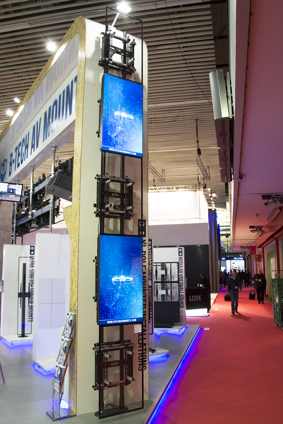 Professional AV mounting solutions displayed across the B-Tech exhibition stand.