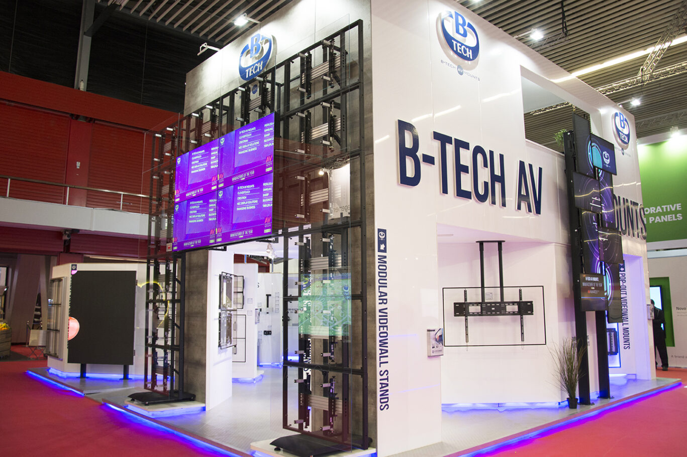Digital signage and AV mounting solutions showcased on the B-Tech stand at ISE 2018.