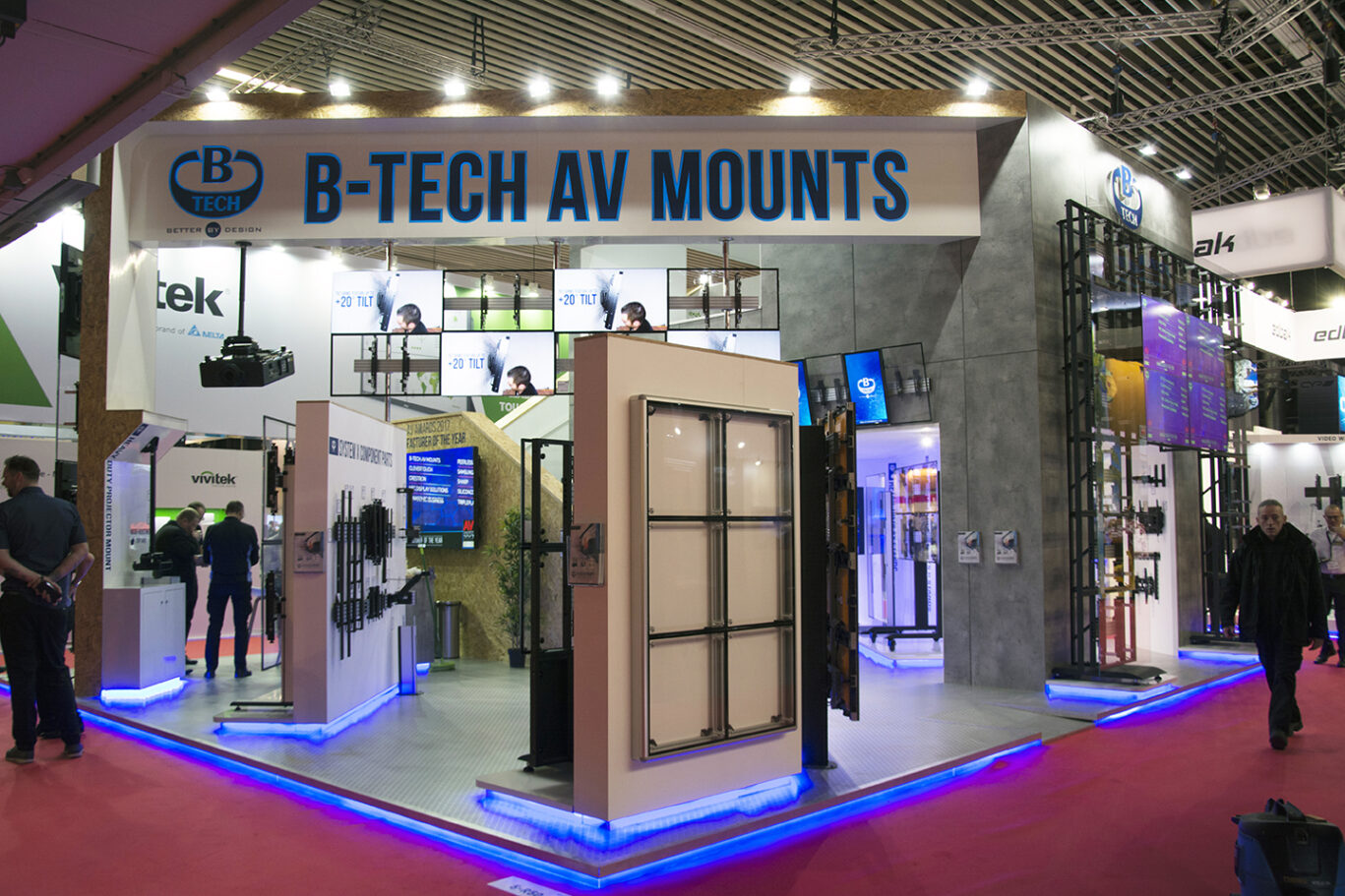 Wide exhibition stand view showing B-Tech AV mounting, display and digital signage solutions.