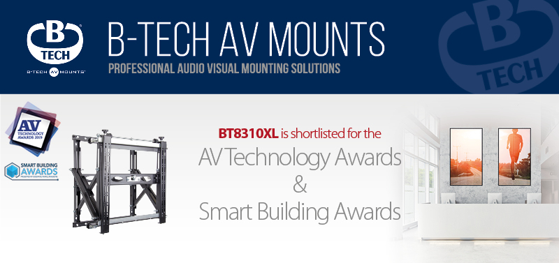 A banner explaining that B-Tech AV Mounts were Nominated for two awards at the AV Technology awards 2019.