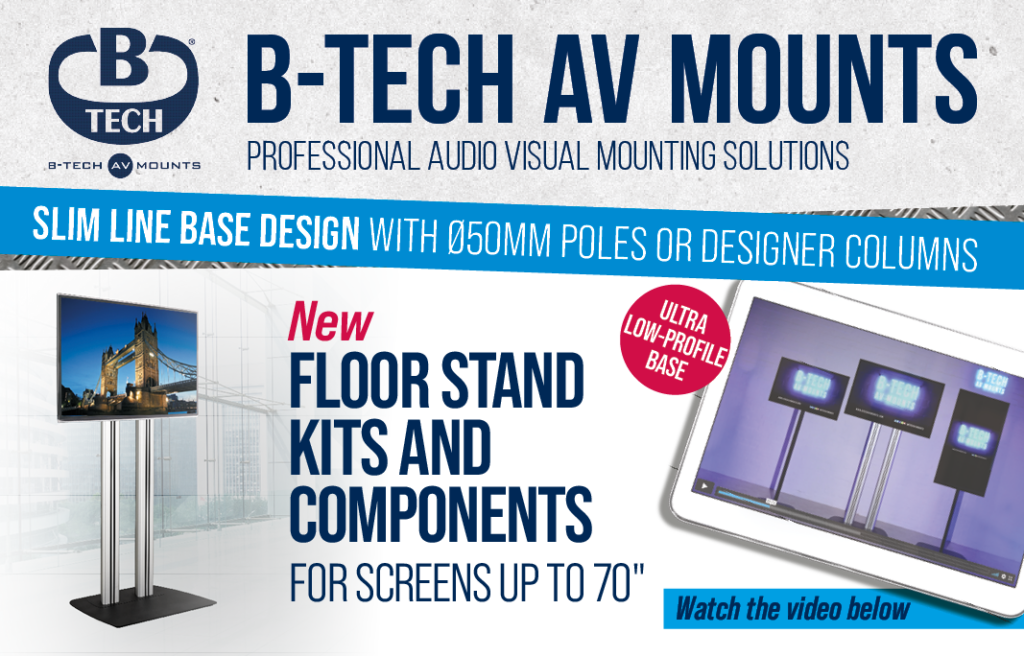 A banner showing B-Techs new range of Floor Stands and components