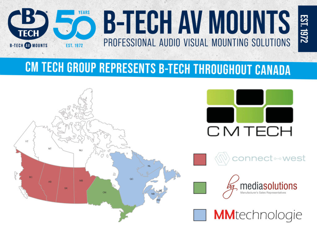 A banner with a map of Canada showing which company within CM Tech group will rep which provinces.