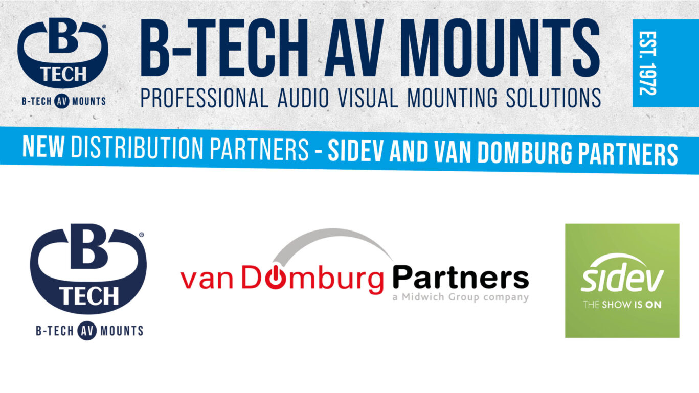 A banner of the B-Tech AV Mounts logo along side the van Domburg Partners and SideV logos