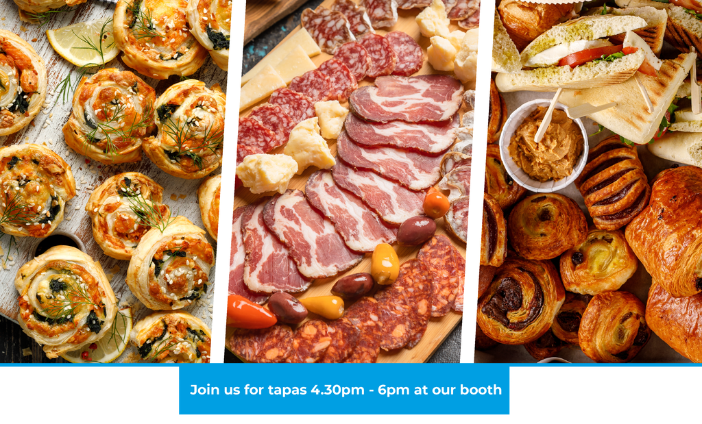 An image of pastries and a charcuterie board - Join us for Tapas - 4:30pm-6pm at our booth.