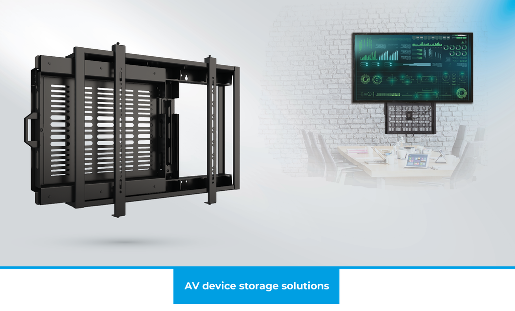 A three quatre view image of B-Tech AV Mounts' BT7883 Flat Screen Wall Mount With Slide-Out AV Storage Tray.
