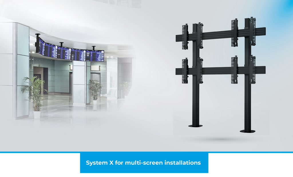 A three quatre view image of B-Tech AV Mounts' BT8372 SYSTEM X Universal Bolt-Down Videowall Stand next to a a BT8333, Curved Universal Ceiling Mounted Menu Board Mounting System