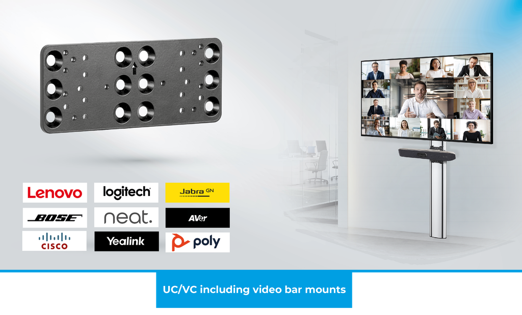 An image of a silver Mode-AL video conferencing mount with a videobar mounted beneath a 55 inch screen