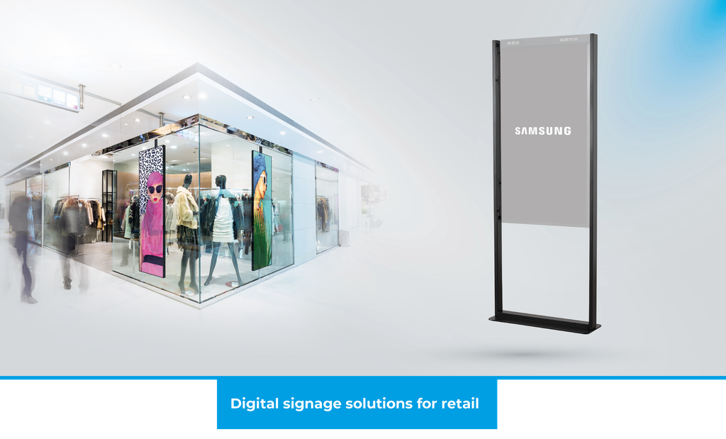 A three quatre view image of the B-Tech AV Mounts BT8326 alongside an image showing ceiling mounted screens in a shop window.