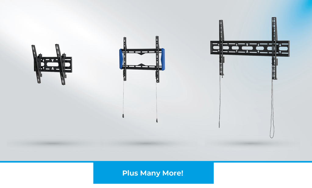 Three B-Tech AV Mounts wall mounts side by side . From left to right the BT8431 Flastscreen Wall Mount with tilt, the BT5441 Elements Fixed 400 Flatscreen Wall Mount and the BT9903 XL Heavy Duty Universal Flatscreen Wall Mount