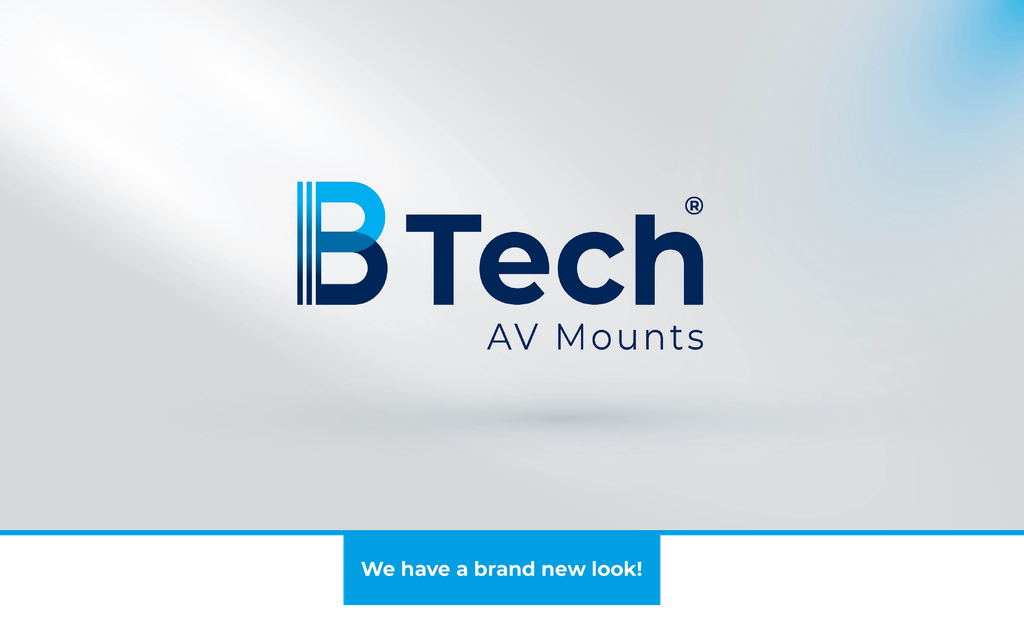 The New Logo of B-Tech AV Mounts over a grey-blue gradient