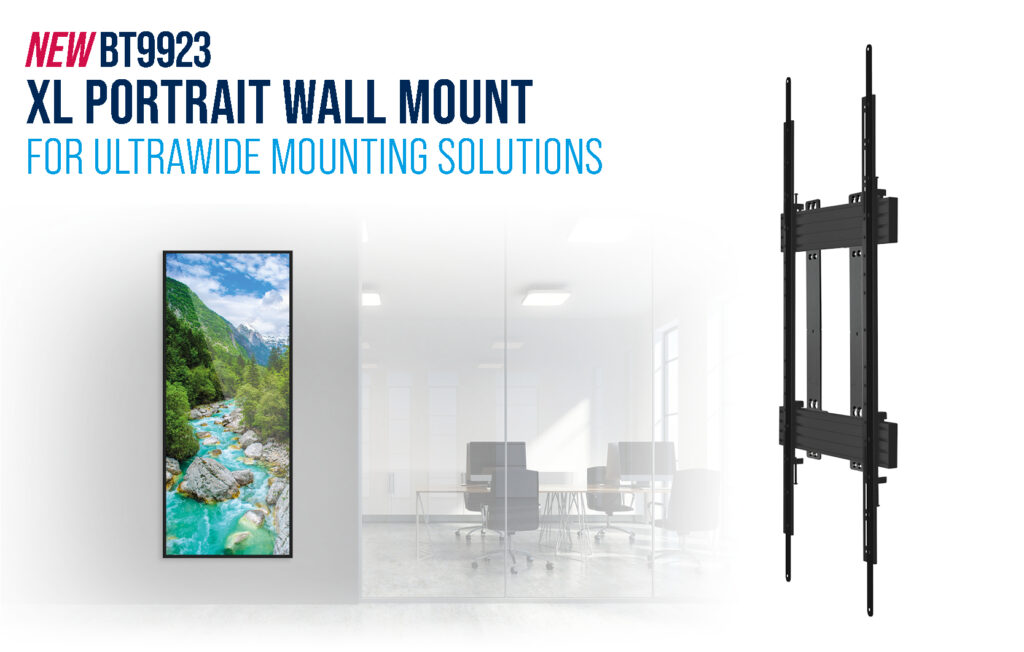 A Graphic showing an xl portrait screen mounted in an office. Alongside this is a black portrait wall mount in a 3/4 view