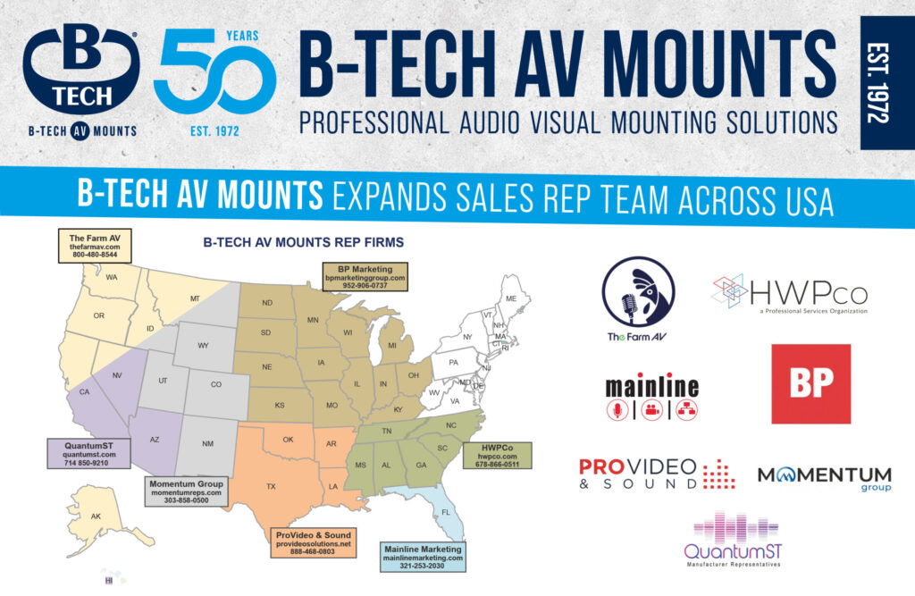 A map of the U.S.A divided up between companies and groups selected to rep B-Tech in the U.S.A