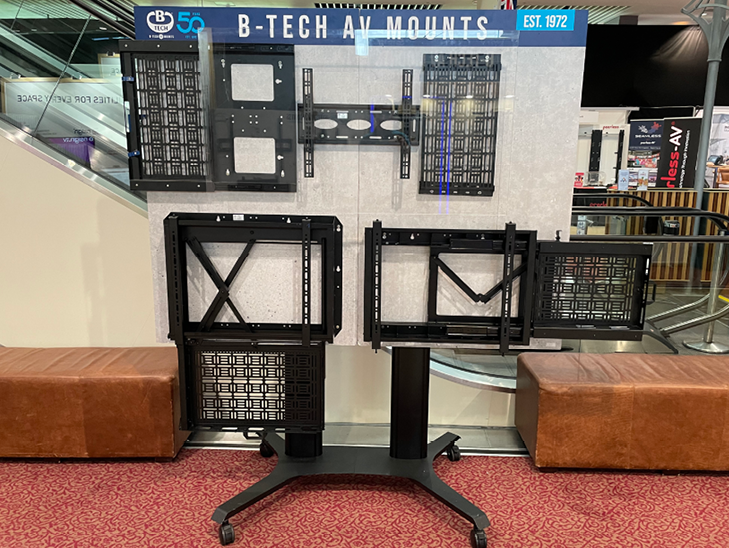 An Image of B-Tech AV Mounts' display of Slide out AV storage solutions at Midwich tech expo 2022
