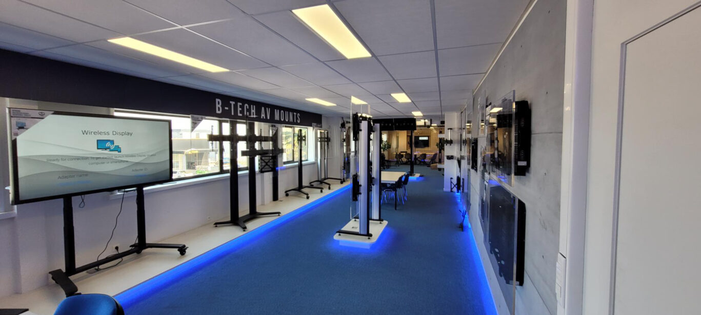 B-Tech Belgium product showroom featuring AV mounting solutions, digital signage displays and collaboration systems.