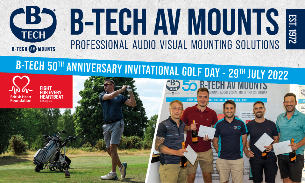 A banner of Matt Nixon and the winnners of the B-Tech 2022 Invitational Golf Day along with an image of a golfer with the logo of the British Heart Foundation.