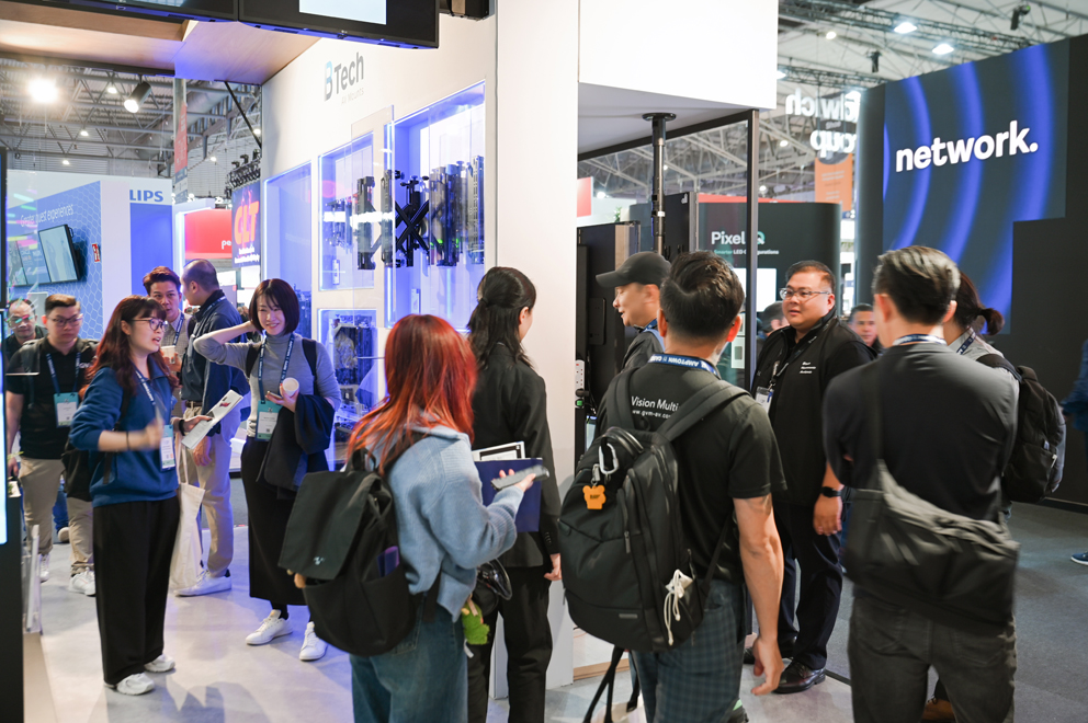 B-Tech exhibition stand featuring digital signage and professional AV mounting solutions at ISE Barcelona