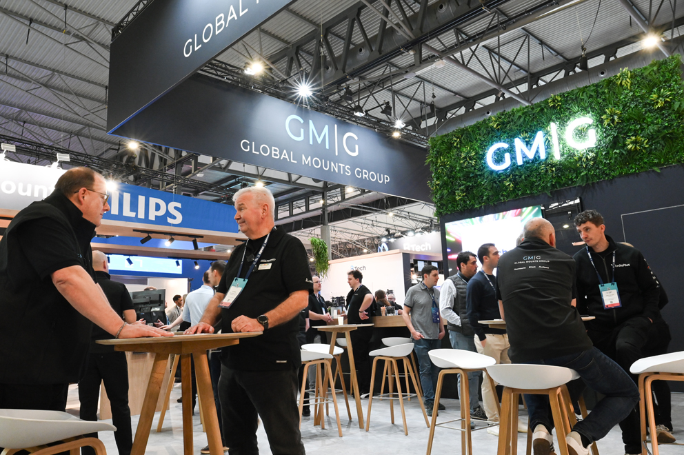 B-Tech exhibition stand featuring digital signage and professional AV mounting solutions at ISE Barcelona