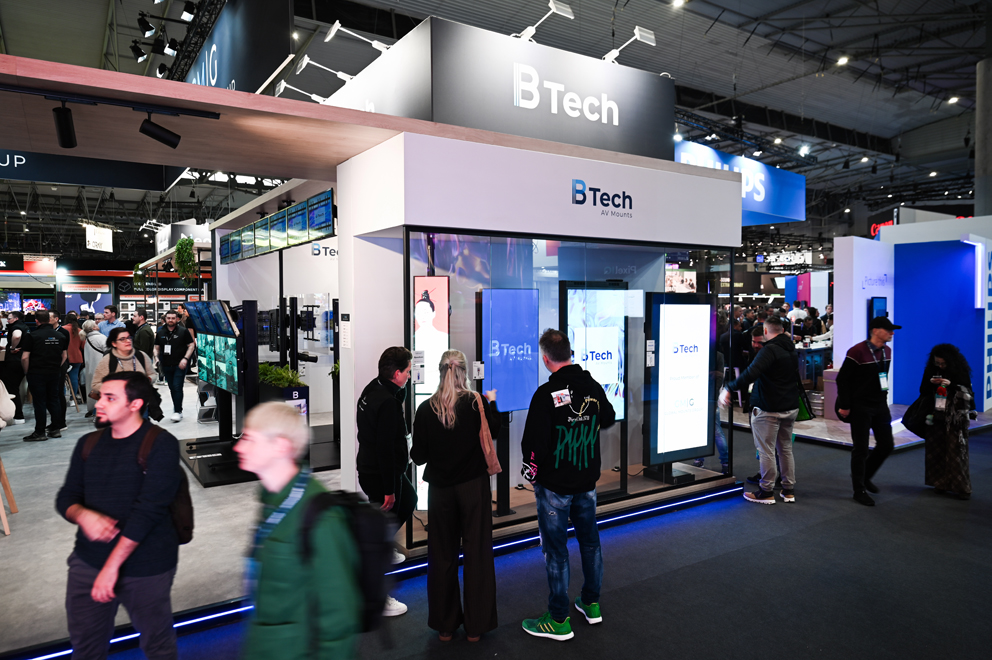 B-Tech exhibition stand featuring digital signage and professional AV mounting solutions at ISE Barcelona