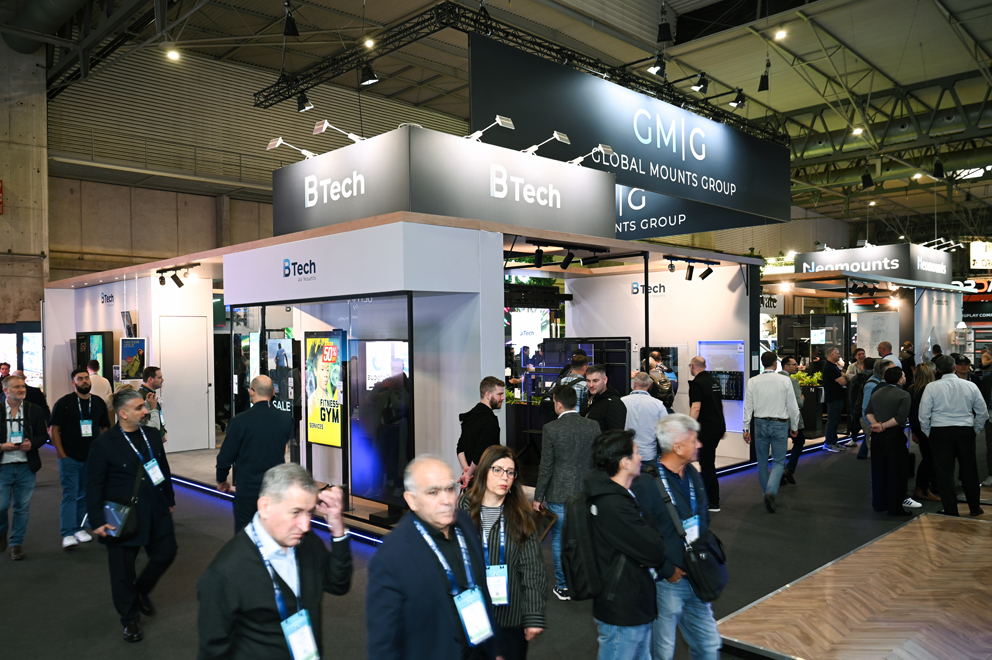 B-Tech exhibition stand featuring digital signage and professional AV mounting solutions at ISE Barcelona