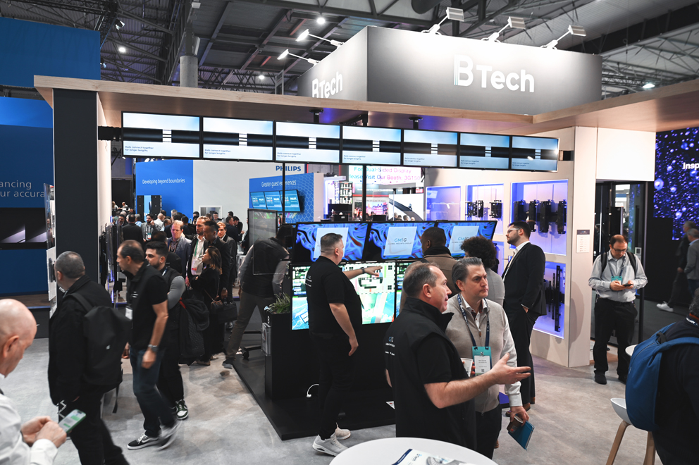 B-Tech exhibition stand featuring digital signage and professional AV mounting solutions at ISE Barcelona