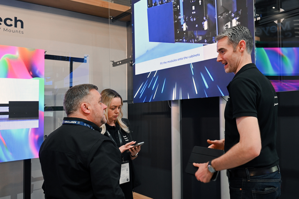 B-Tech exhibition stand featuring digital signage and professional AV mounting solutions at ISE Barcelona