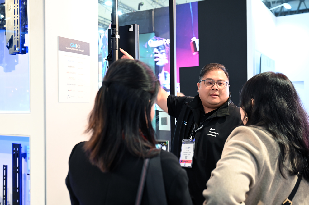 B-Tech exhibition stand featuring digital signage and professional AV mounting solutions at ISE Barcelona