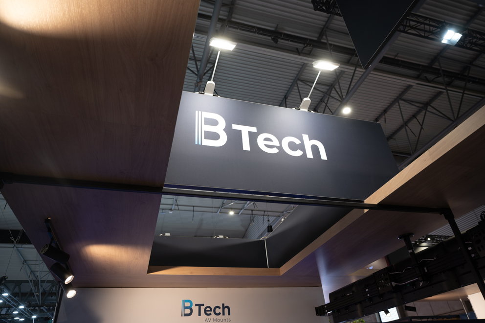 B-Tech exhibition stand featuring digital signage and professional AV mounting solutions at ISE Barcelona