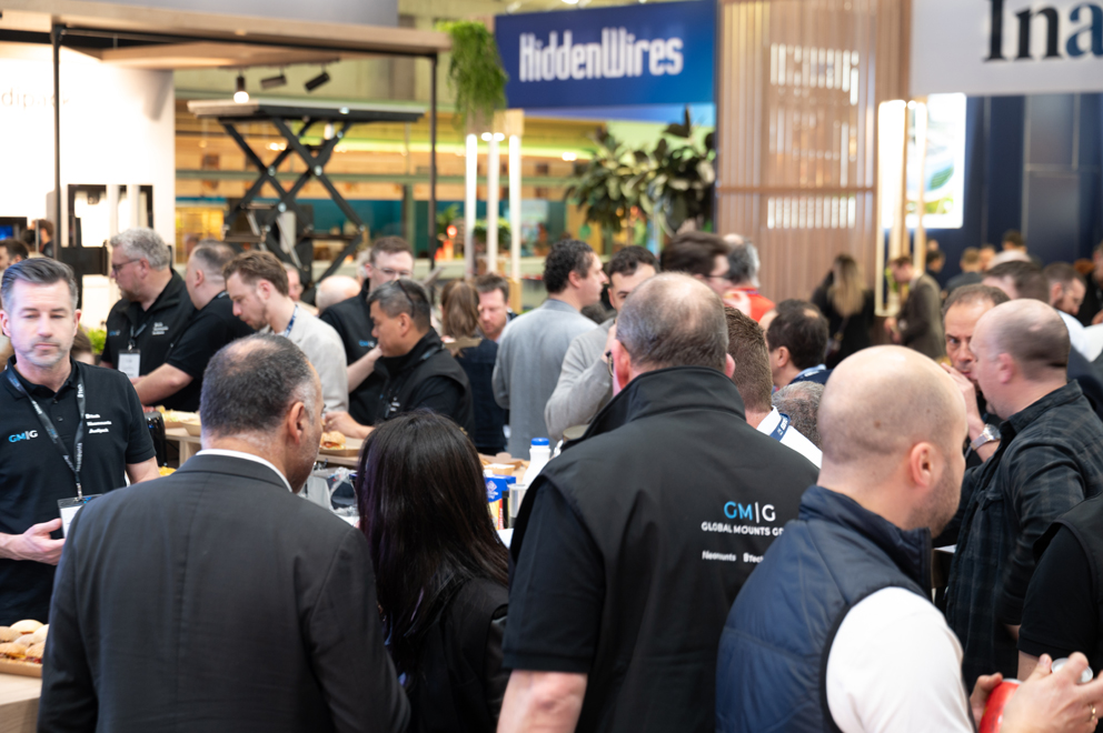 B-Tech exhibition stand featuring digital signage and professional AV mounting solutions at ISE Barcelona