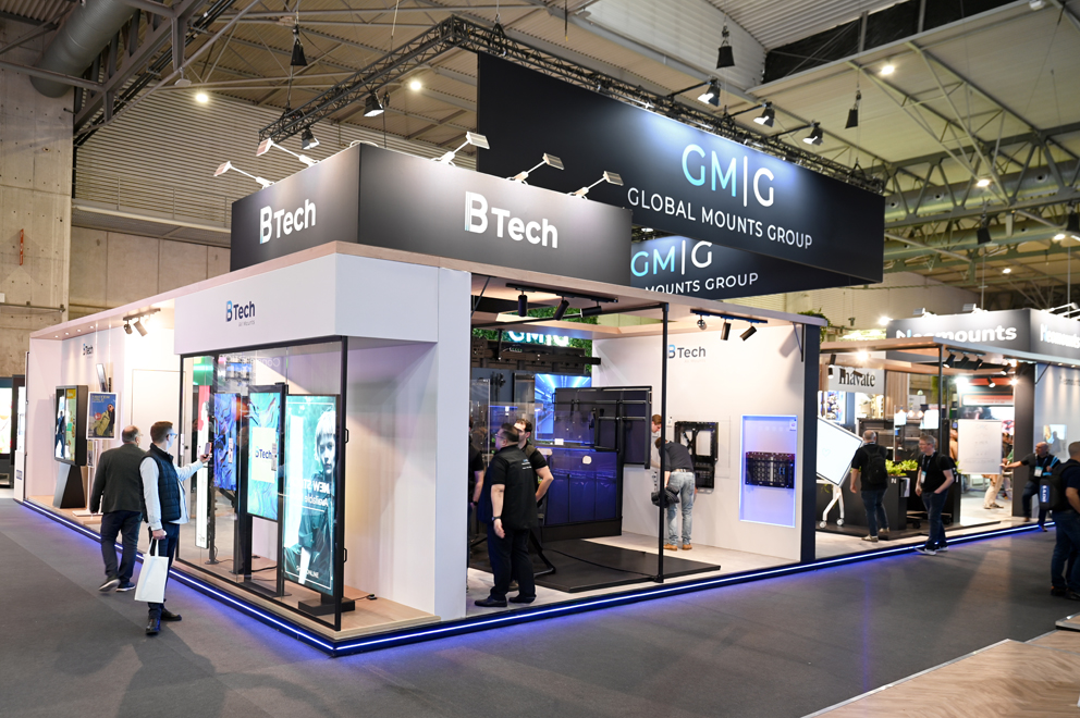 B-Tech exhibition stand featuring digital signage and professional AV mounting solutions at ISE Barcelona