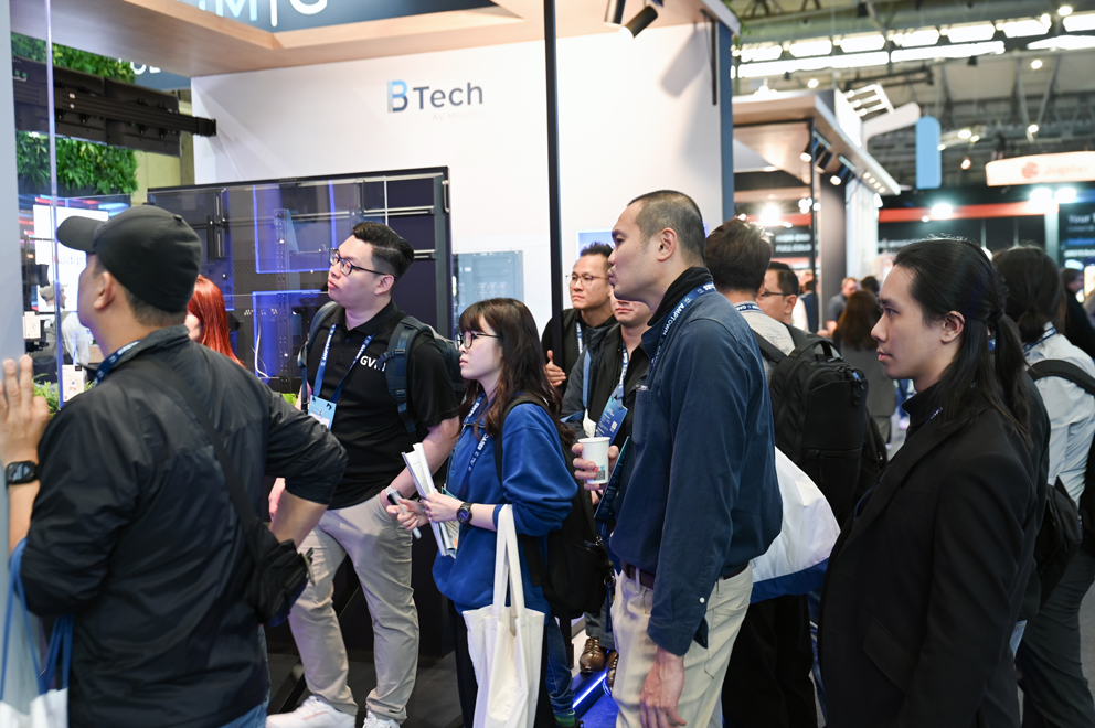 B-Tech exhibition stand featuring digital signage and professional AV mounting solutions at ISE Barcelona