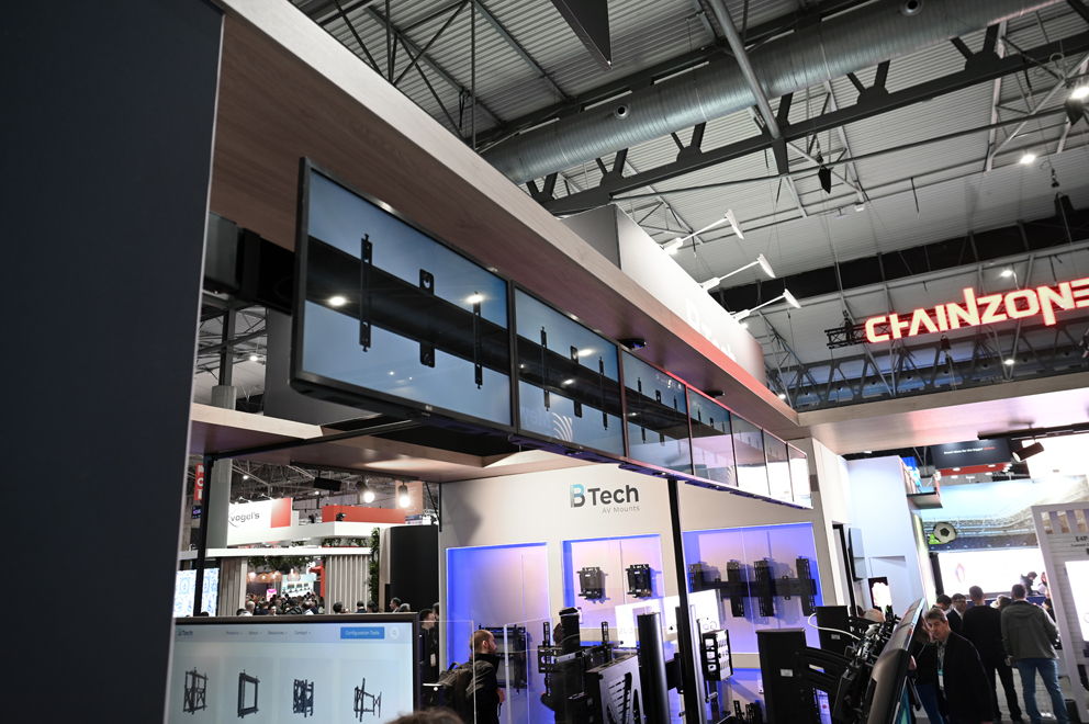 B-Tech exhibition stand featuring digital signage and professional AV mounting solutions at ISE Barcelona