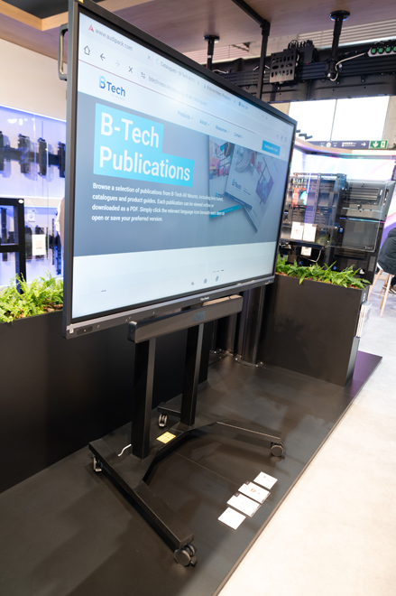 B-Tech exhibition stand featuring digital signage and professional AV mounting solutions at ISE Barcelona